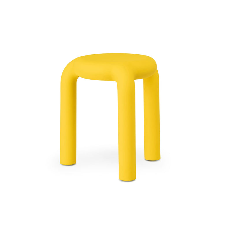 Yellow Piccolo stool by TOOU Design, minimalist polypropylene stool and side table, lightweight and stackable, ideal for indoor and outdoor use.